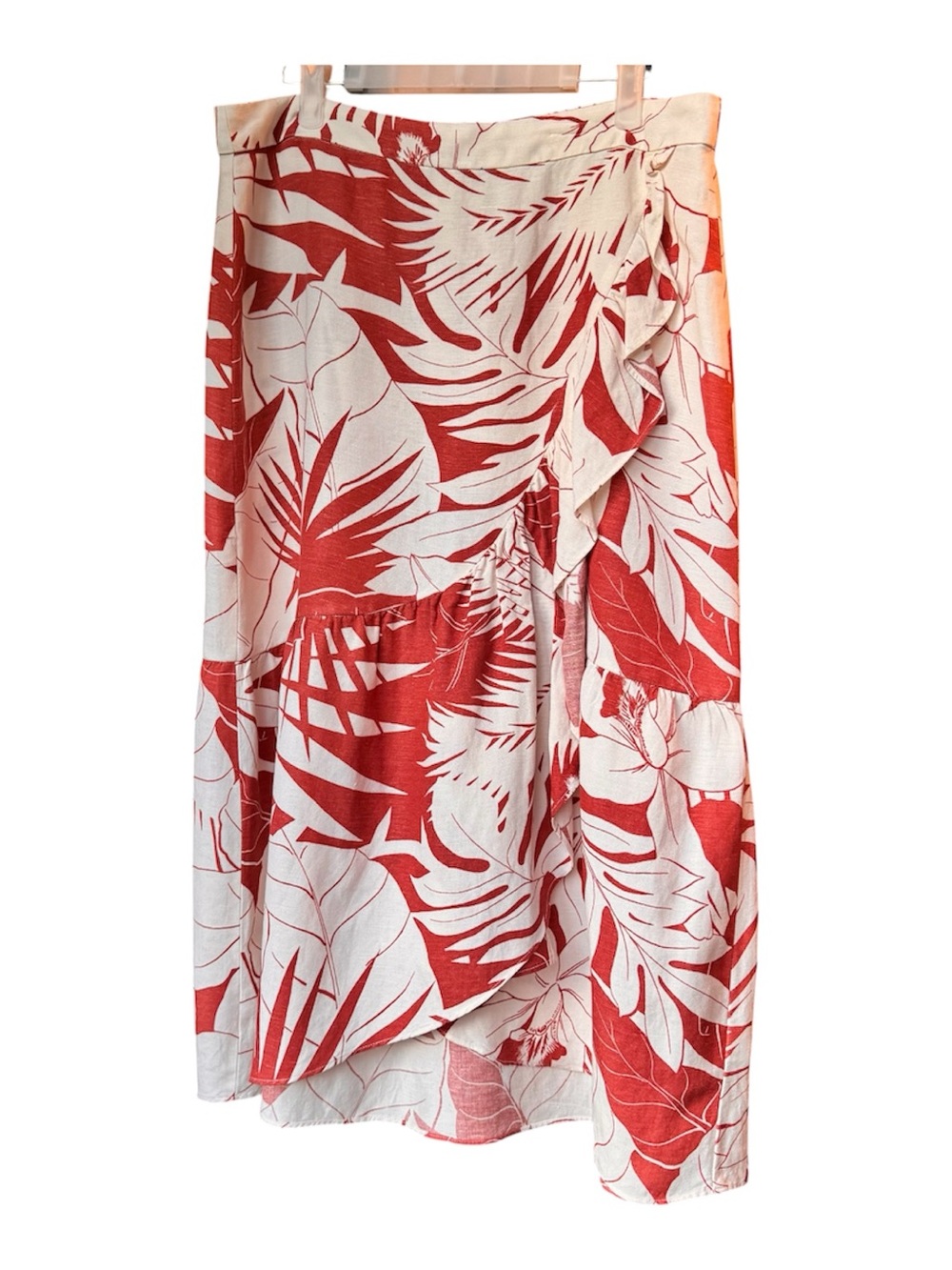Madewell Linen Blend Ruffle Faux Wrap Midi Skirt Sz 10 Beach Tropic Hawaiian